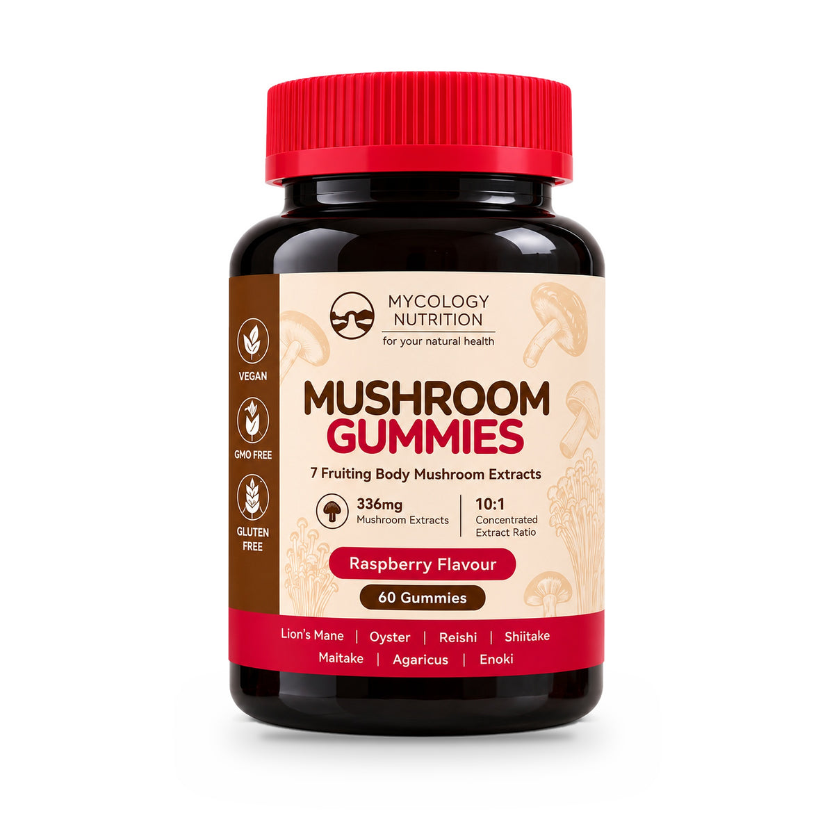 Mycology Nutrition Mushroom Gummies – 60 raspberry-flavoured gummies with lion&